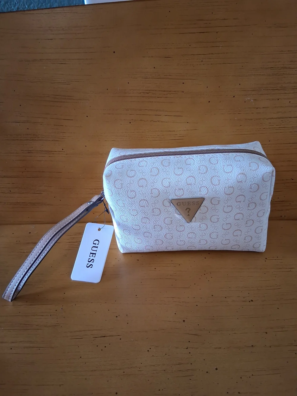 GUESS Cream Cosmetic Wristlet with Taupe Logo Trim